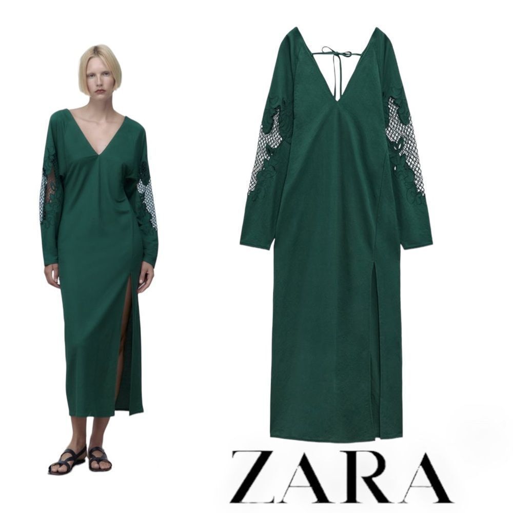 ZARA | Dark Green | EMBROIDERED DRESS
